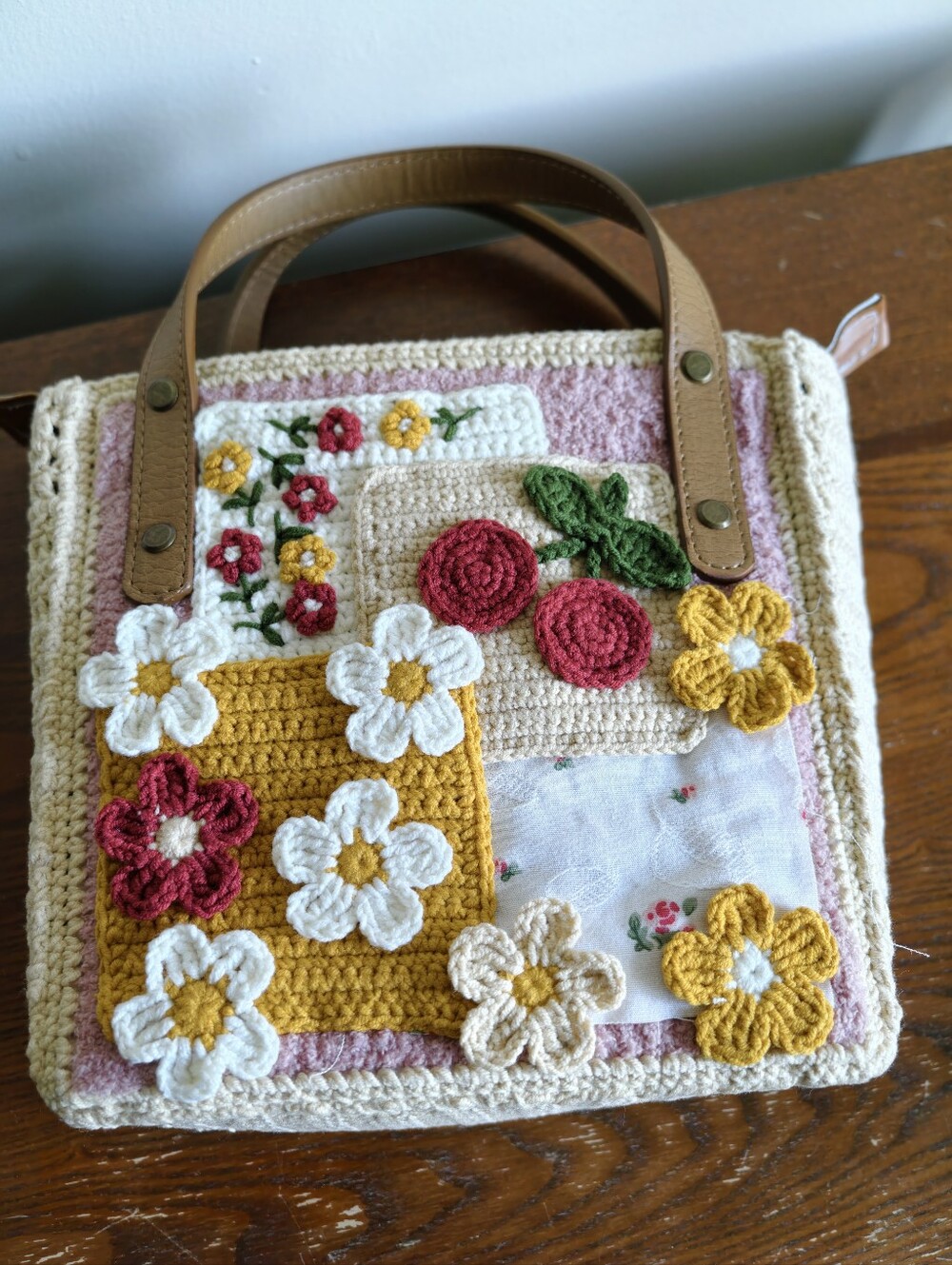 Handmade Crochet Floral Patchwork Tote Bag - Pink, Cream & Mustard - Picture 3 of 10